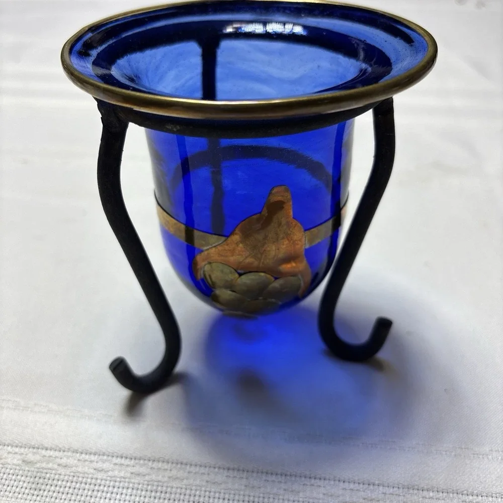 COBALT BLUE BLOWN GLASS COPPER BRASS FLOWER WROUGHT IRON VOTIVE CANDLE HOLDER